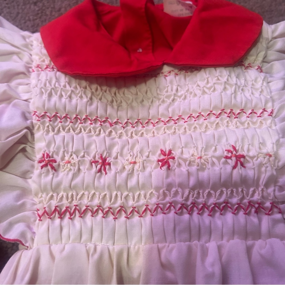 Vintage Jo-Joe Red & White Girls Smocked Dress with Apron. Size 3X